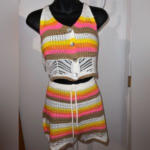 Jolie joy pink, white and yellow knit shorts set.